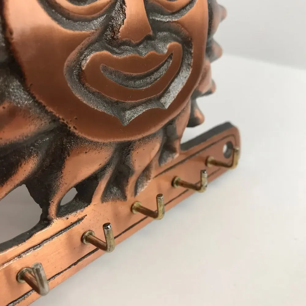 Celestial Sun Face 5 Hook Key Rack Vintage 90s Copper Toned Southwest Wall Decor